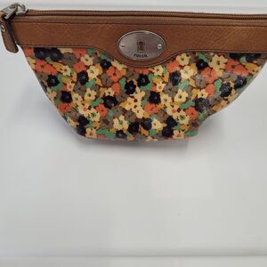Fossil Key-Per Poppy Floral/leather Zip Tab Cosmetic Bag Keyhole Logo NWOT